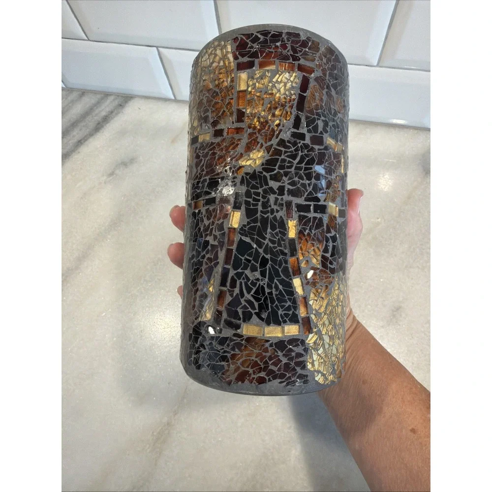 Vintage Mosaic Stained Glass Vase Candle Holder Brown/gold/black GW993